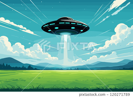 UFO Hovering Over Bright Green Field with Beam of Light UFO Hovering Over Bright Green Field with Beam of Light 120271789