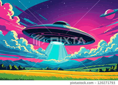 UFO Hovering Over Bright Green Field with Beam of Light 120271793
