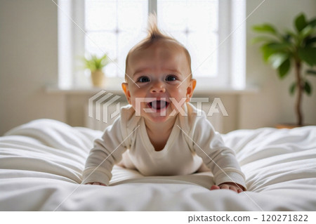 Happy Baby Crawling on Bed in Bright Room 120271822