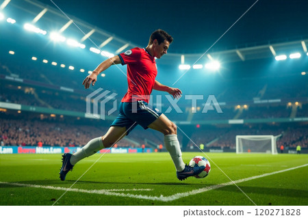 Soccer Player Dribbling Ball in Stadium at Night Soccer Player Dribbling Ball in Stadium at Night 120271828