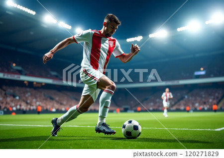 Soccer Player Dribbling Ball in Stadium at Night 120271829