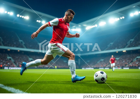 Soccer Player Dribbling Ball in Stadium at Night 120271830