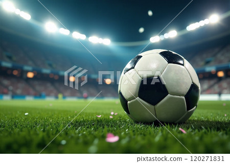 Soccer Ball on Green Field in Stadium at Night Soccer Ball on Green Field in Stadium at Night 120271831