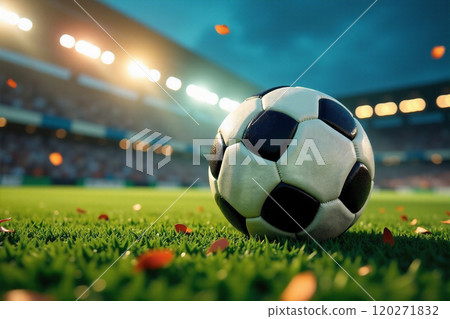 Soccer Ball on Green Field in Stadium at Night 120271832