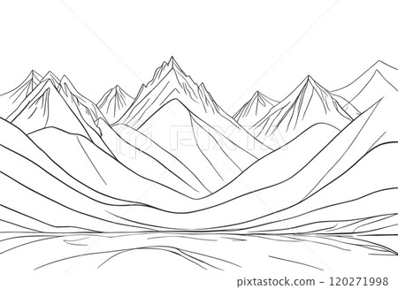 Mountain Landscape with Lake in Simple Line Art 120271998