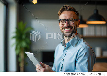 Smiling Businessman Holding Tablet Near Office Window 120272033