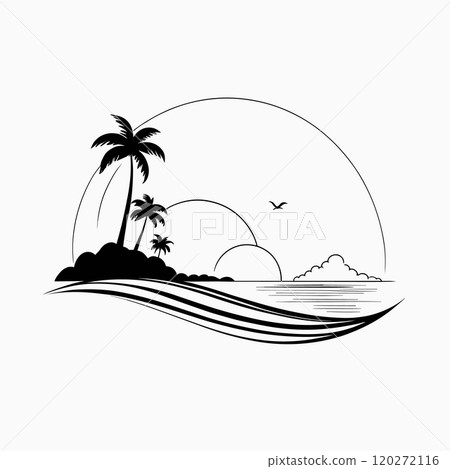 Minimalist Tropical Beach Landscape in Black and White Line Art Minimalist Tropical Beach Landscape in Black and White Line Art 120272116