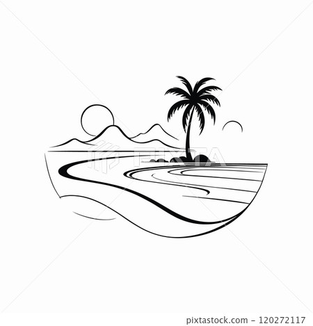 Minimalist Tropical Beach Landscape in Black and White Line Art 120272117
