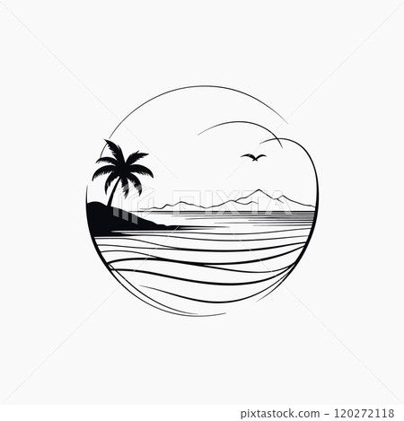 Minimalist Tropical Beach Landscape in Black and White Line Art Minimalist Tropical Beach Landscape in Black and White Line Art 120272118