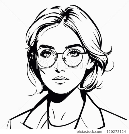 Woman with Glasses and Short Hair in Stylish Line Art Woman with Glasses and Short Hair in Stylish Line Art 120272124