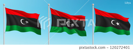 Set of three flags of Libya waving on flagpoles 120272401