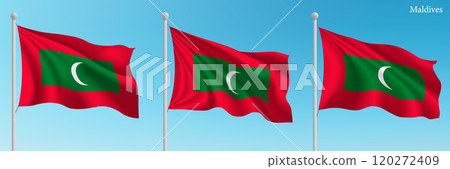 Set of three flags of Maldives waving on flagpoles Set of three flags of Maldives waving on flagpoles 120272409