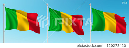 Set of three flags of Mali waving on flagpoles 120272410