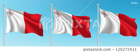 Set of Three Flags of Malta Waving in Clear Blue Sky Set of Three Flags of Malta Waving in Clear Blue Sky 120272411