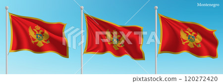 Set of Three Flags of Montenegro Waving in Clear Blue Sky 120272420