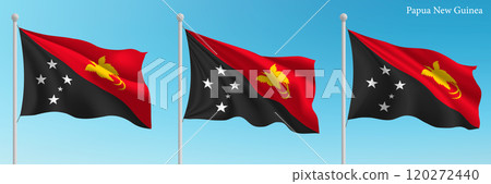 Set of three flags of Papua New Guinea waving on flagpoles 120272440