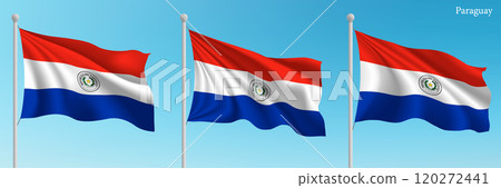 Set of three flags of Paraguay waving on flagpoles 120272441
