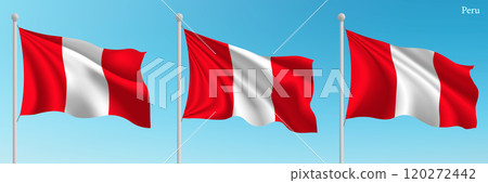 Set of three flags of Peru waving on flagpoles 120272442