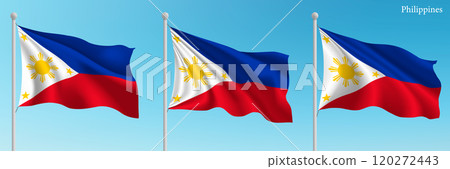 Set of three flags of Philippines waving on flagpoles Set of three flags of Philippines waving on flagpoles 120272443