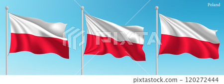 Set of Three Flags of Poland Waving in Clear Blue Sky 120272444