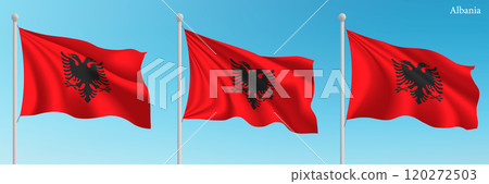 Set of Three Flags of Albania Waving in Clear Blue Sky 120272503