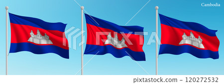 Set of three flags of Cambodia waving on flagpoles Set of three flags of Cambodia waving on flagpoles 120272532