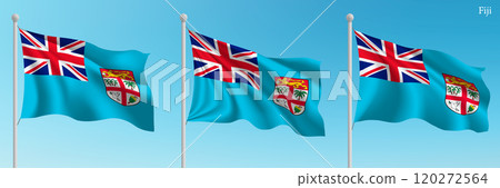 Set of three flags of Fiji waving on flagpoles 120272564