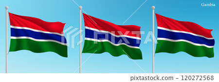 Set of three flags of Gambia waving on flagpoles 120272568