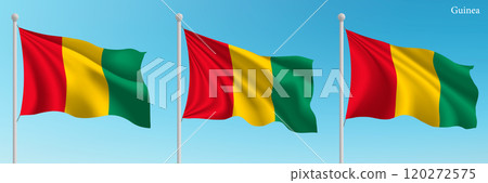 Set of three flags of Guinea waving on flagpoles Set of three flags of Guinea waving on flagpoles 120272575