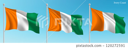 Set of three flags of Ivory Coast waving on flagpoles Set of three flags of Ivory Coast waving on flagpoles 120272591