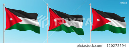 Set of three flags of Jordan waving on flagpoles Set of three flags of Jordan waving on flagpoles 120272594