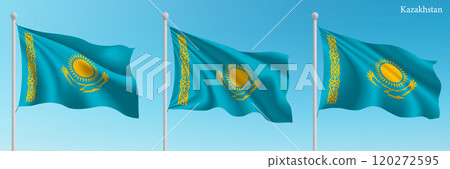 Set of Three Flags of Kazakhstan Waving in Clear Blue Sky Set of Three Flags of Kazakhstan Waving in Clear Blue Sky 120272595