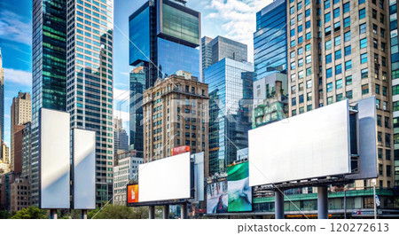 Vertical and horizontal billboards on the background of business centers 120272613