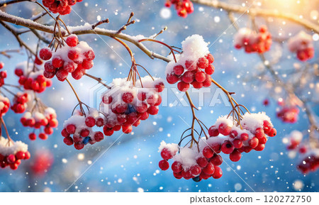 Falling snow and snow-covered rowan branches with red berries 120272750