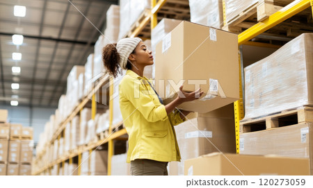 Woman carrying cardboard box in warehouse, logistics concept, background Woman carrying cardboard box in warehouse, logistics concept, background 120273059