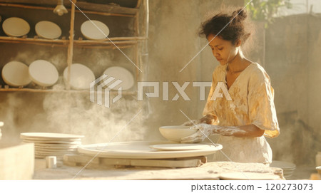 Young woman crafting pottery in dusty workshop, artistic expression concept 120273073