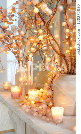 Candles burning with Christmas twinkling lights, concept of warmth, background Candles burning with Christmas twinkling lights, concept of warmth, background 120273080