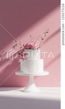 Wedding cake with beautiful flowers on solid pastel color background, copy space 120273116