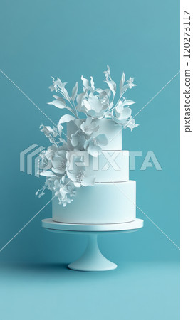Wedding cake with beautiful flowers on solid pastel color background, copy space 120273117