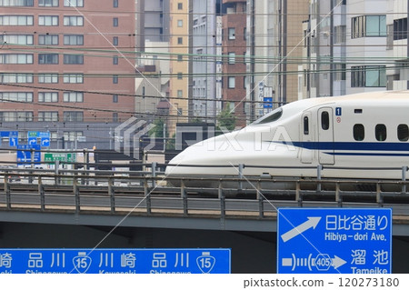 The Shinkansen is going. The front car of the Shinkansen 120273180