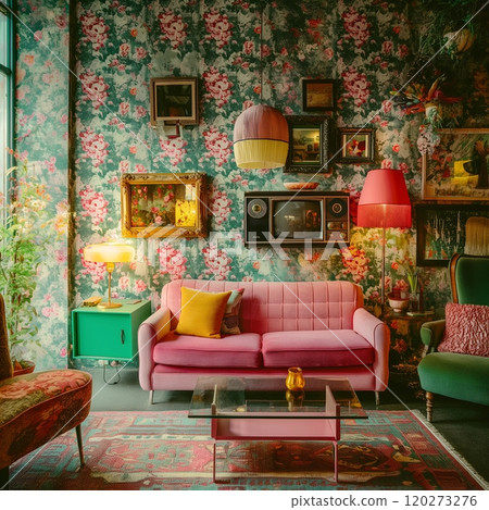 Retro room with floral walls 120273276