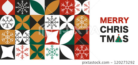 Seamless Bauhaus Christmas Banner, Modern Snowflake Ornament with Winter Icons and Decorative Elements in Flat Style on White Background 120273292