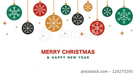Christmas and New Year Banner, Snowflake Ball Line Icons, Festive Designs in a vector illustration. 120273293