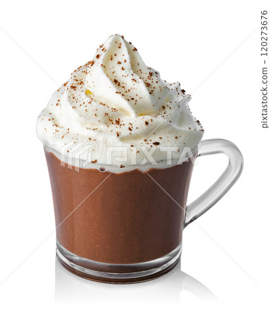 hot chocolate with whipped cream in glass cup isolated on white 120273676