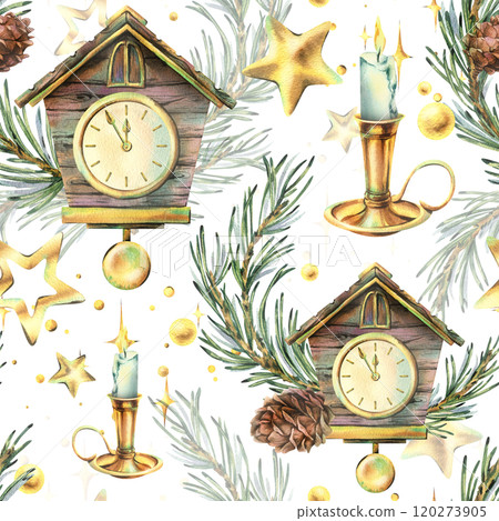 Wooden house clock with cuckoo, pine branches and cones, candles in a candlestick, sparkling stars. Christmas, New Year watercolor illustration hand drawn. Seamless pattern on the white background 120273905