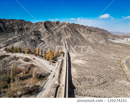 Aerial view of The Overhanging Great Wall, also recognized as the Xuanbi Great Wall, Jiayugyan city, Gansu , China Aerial view of The Overhanging Great Wall, also recognized as the Xuanbi Great Wall, Jiayugyan city, Gansu , China 120274281