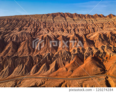 Aerial view of the Flaming Mountains in Turpan, western China. The silk road. 120274284