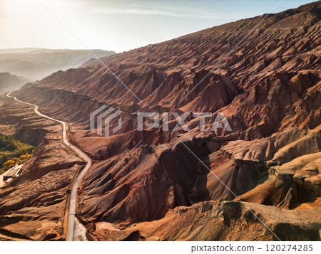Aerial view of the Flaming Mountains in Turpan, western China. The silk road. 120274285