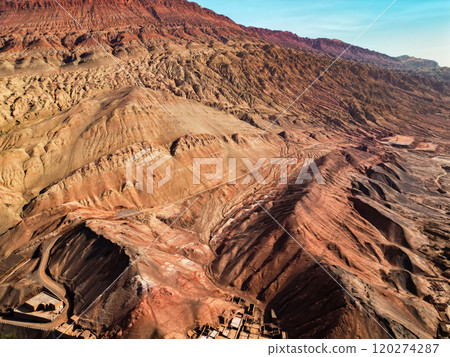 Aerial view of the Flaming Mountains in Turpan, western China. The silk road. 120274287