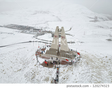 China westernmost monument in Simuhana town, Xinjiang, China. The chinese alphabet means China's westernmost, latitude and longtitude. 120274323